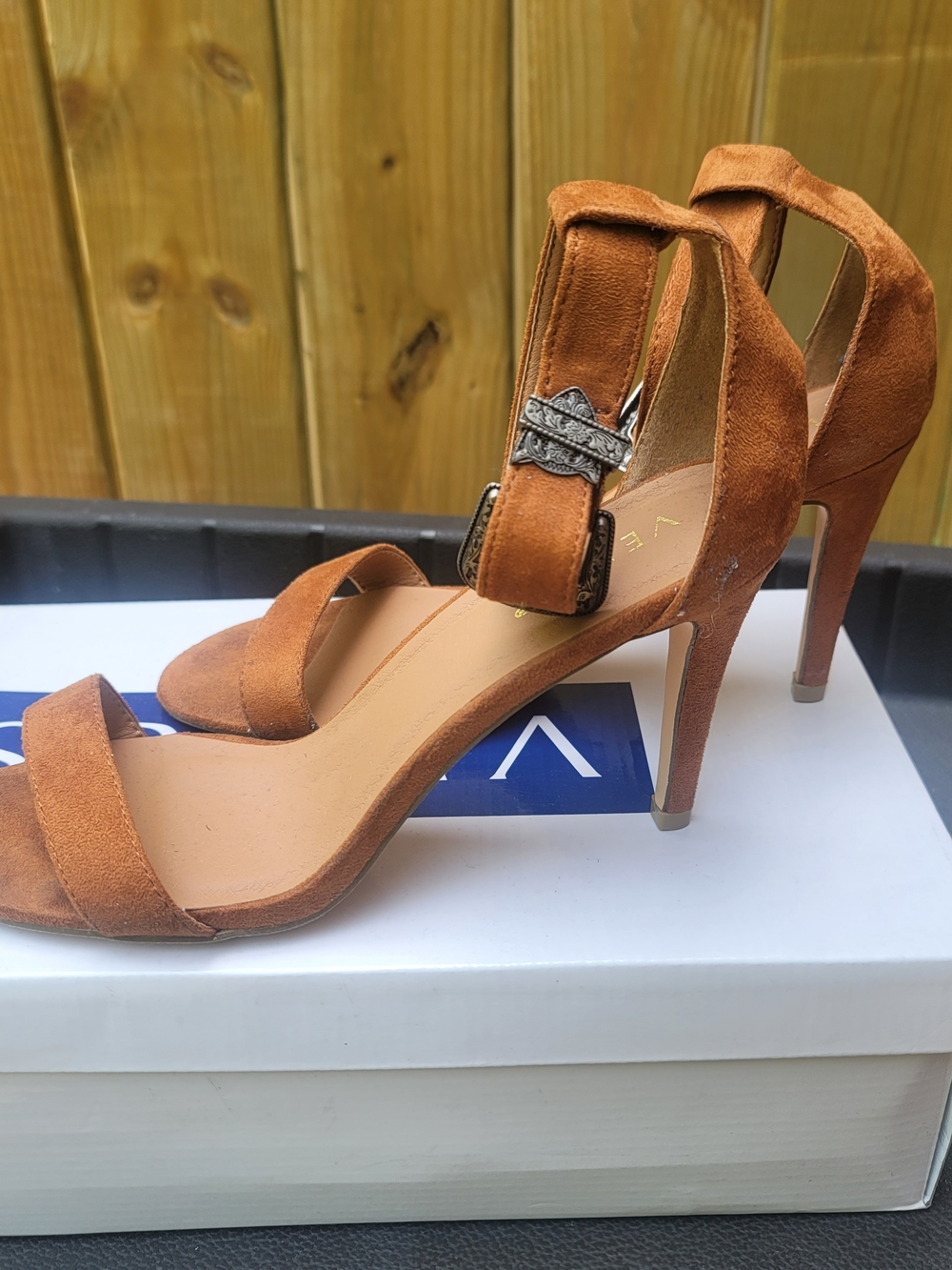 VENUS Cognac Faux Suede Ankle Strap Stiletto Heels Western Buckle Sandals Size 9